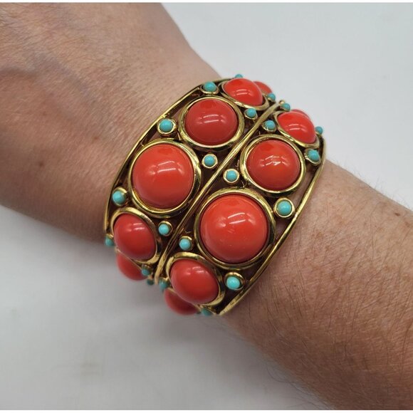 Faux Coral Turquoise Cabochon Open Cuff BOHO Gold Tone Bracelet *flaw - Picture 2 of 9